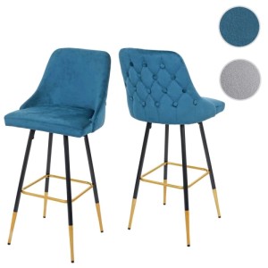 2er-Set Barhocker E70 mit petrol-blauem Samtbezug, Knopfsteppung und goldenen Akzenten.
