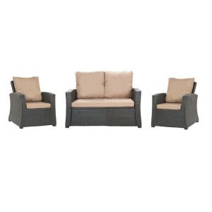 Set Gartenlounge mit Sofa und 2 Sesseln, beige Kissen, Technorattan-Möbel für Garten, Terrasse oder Balkon.