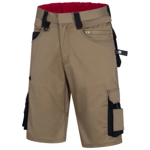 Nitras kurze Arbeitshose Motion Tex Pro FX in Khaki-Schwarz. Robuste Arbeitskleidung mit vielen Taschen und Stretch-Bund.