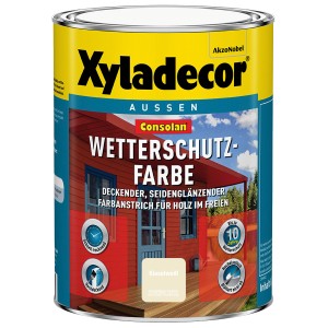 Dose Xyladecor Wetterschutzfarbe Consolan, Kieselweiß, seidenglänzend, für Holz im Außenbereich.