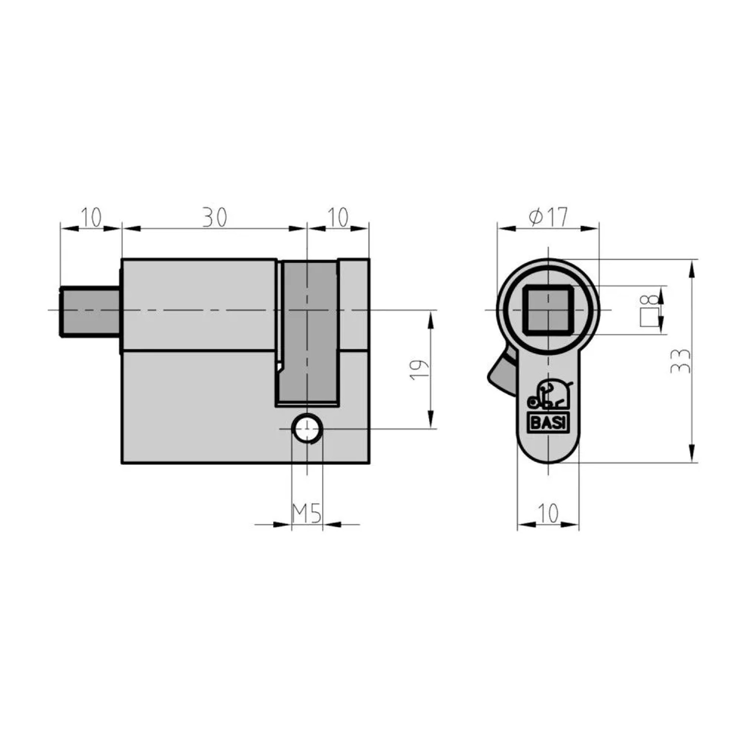 Basi Vierkantzylinder 10/30 mm, 8mm Vierkant außenliegend. Technische Zeichnung des Halbzylinders für Müllbehälter.