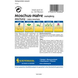 Kiepenkerl Moschus-Malve Mischung, Samenpackung mit Infos zu Aussaat, Keimung, Kultur, Abstand und Blüte.