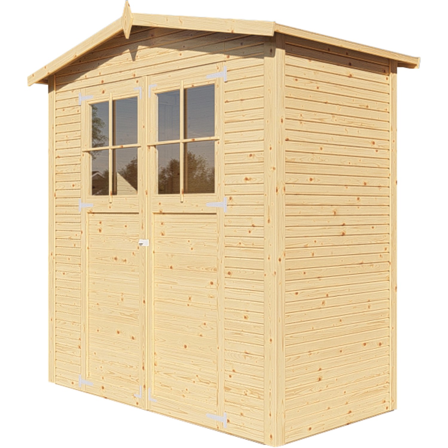 Bertilo Gerätehaus aus Holz mit Plexiglasfenstern, naturbelassen.