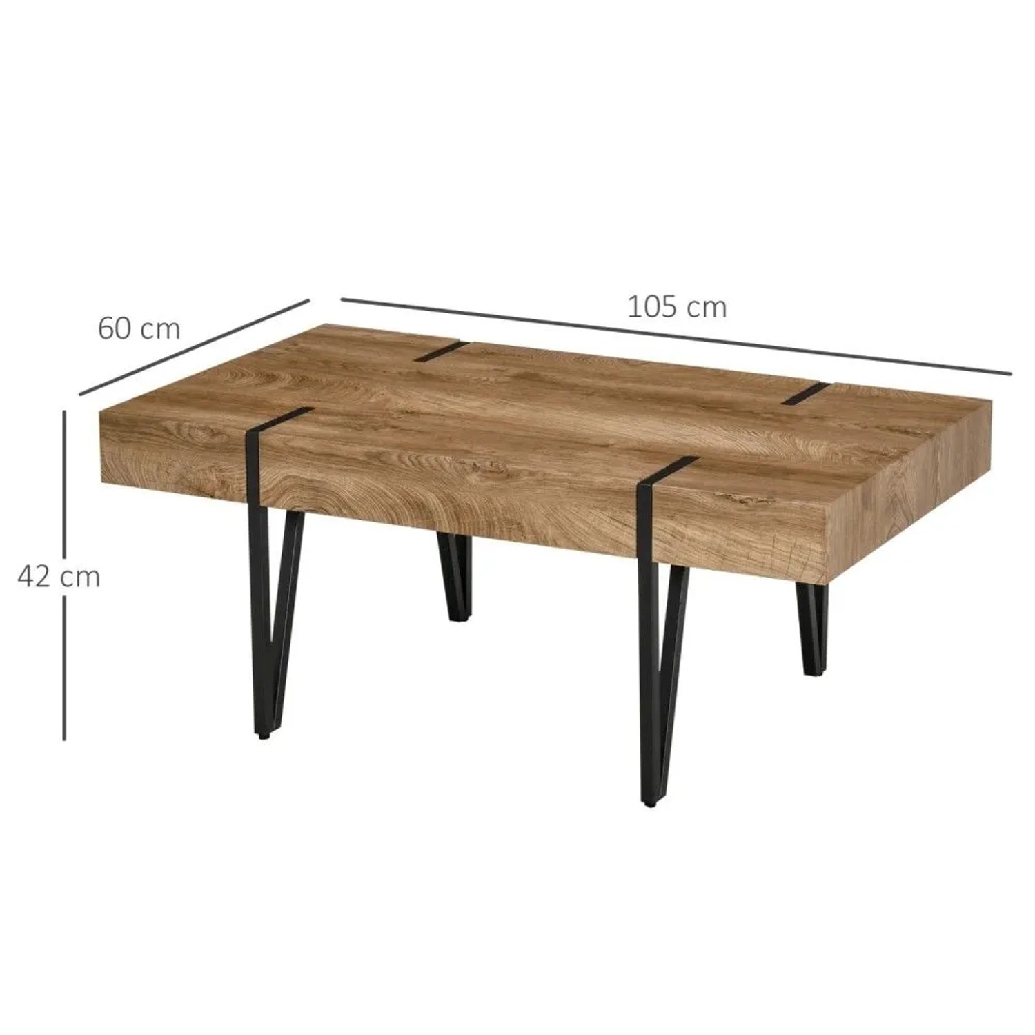 HOMCOM Couchtisch im Industrie-Design: naturholzfarbene MDF-Platte, schwarze geschwungene Metallbeine. Maße 105x60x42cm.
