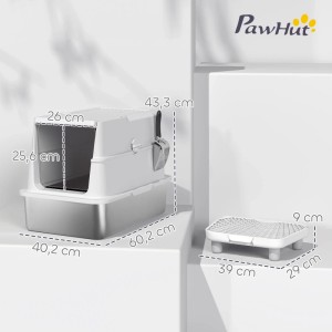 PawHut Katzentoilette aus Edelstahl und Kunststoff, hellgrau, mit Deckel, Schaufel und Streumatte. Maße: 60,2x40,2x43,3 cm.