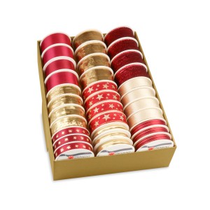 Sortiertes Geschenkband Weihnachten in Rot, Gold und Mehrfarbig im Karton.