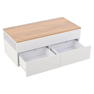 Couchtisch Natur/Weiß mit Holzplatte, zwei geöffneten Schubladen und Seitenfach. Moderner Wohnzimmertisch mit Stauraum.