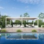 Große sandfarbene Aluminium-Pergola 4x8m mit elektrischem Lamellendach über Terrasse am Pool. Ideal für Sonnenschutz.