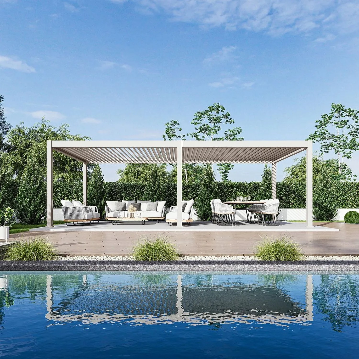 Große sandfarbene Aluminium-Pergola 4x8m mit elektrischem Lamellendach über Terrasse am Pool. Ideal für Sonnenschutz.