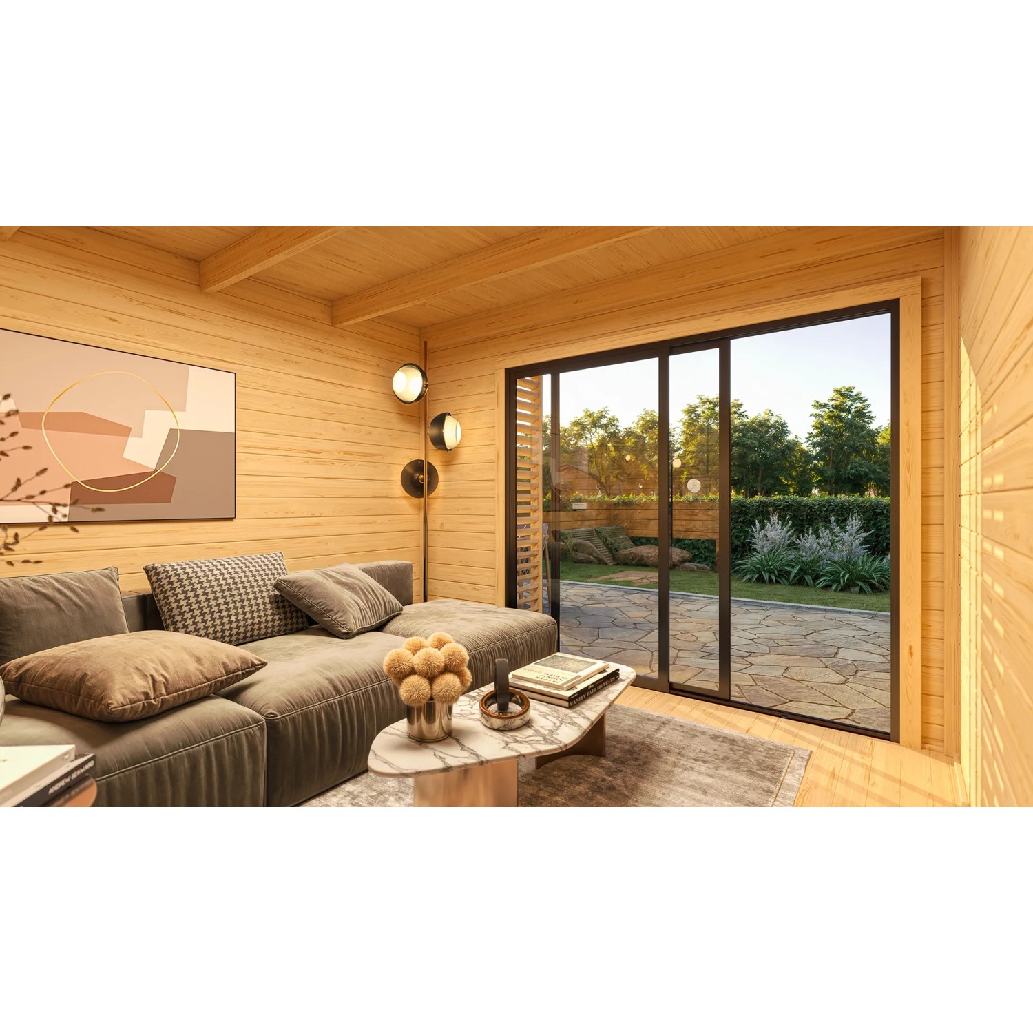 Innenansicht Weka Gartenhaus Amberley mit Schiebetür und Wohnbereich.