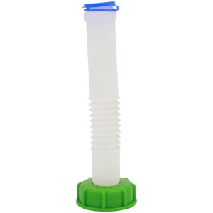 Flexibler Ausgießer DN 50 für IBC. Weißer, biegsamer Schlauch mit grünem S60x6 Anschluss für Regentonnen & Wasserzapfstellen.