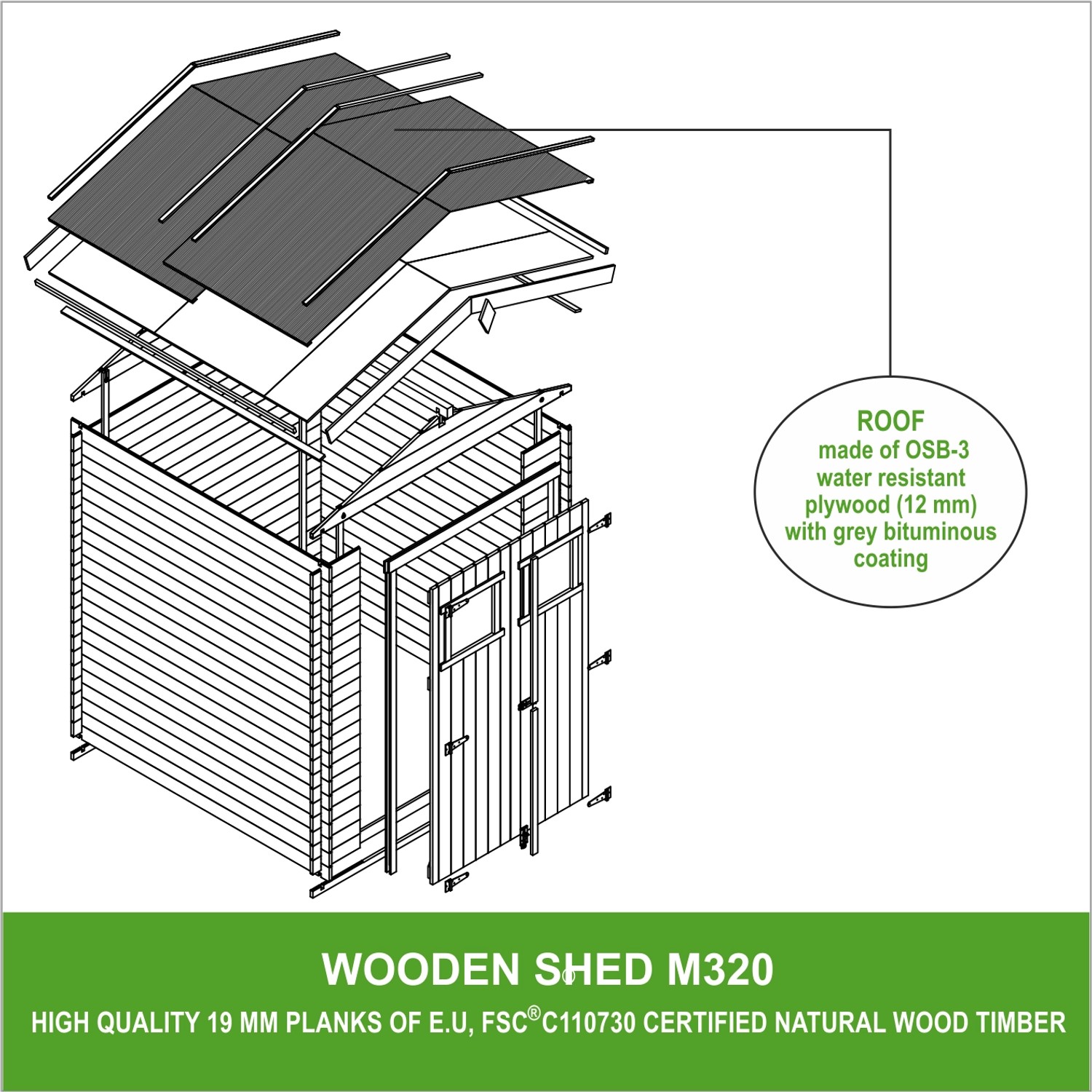 Skizze: Timbela Holz-Gartenhaus M320, beige-braun, mit Doppeltür und Dachaufbau.