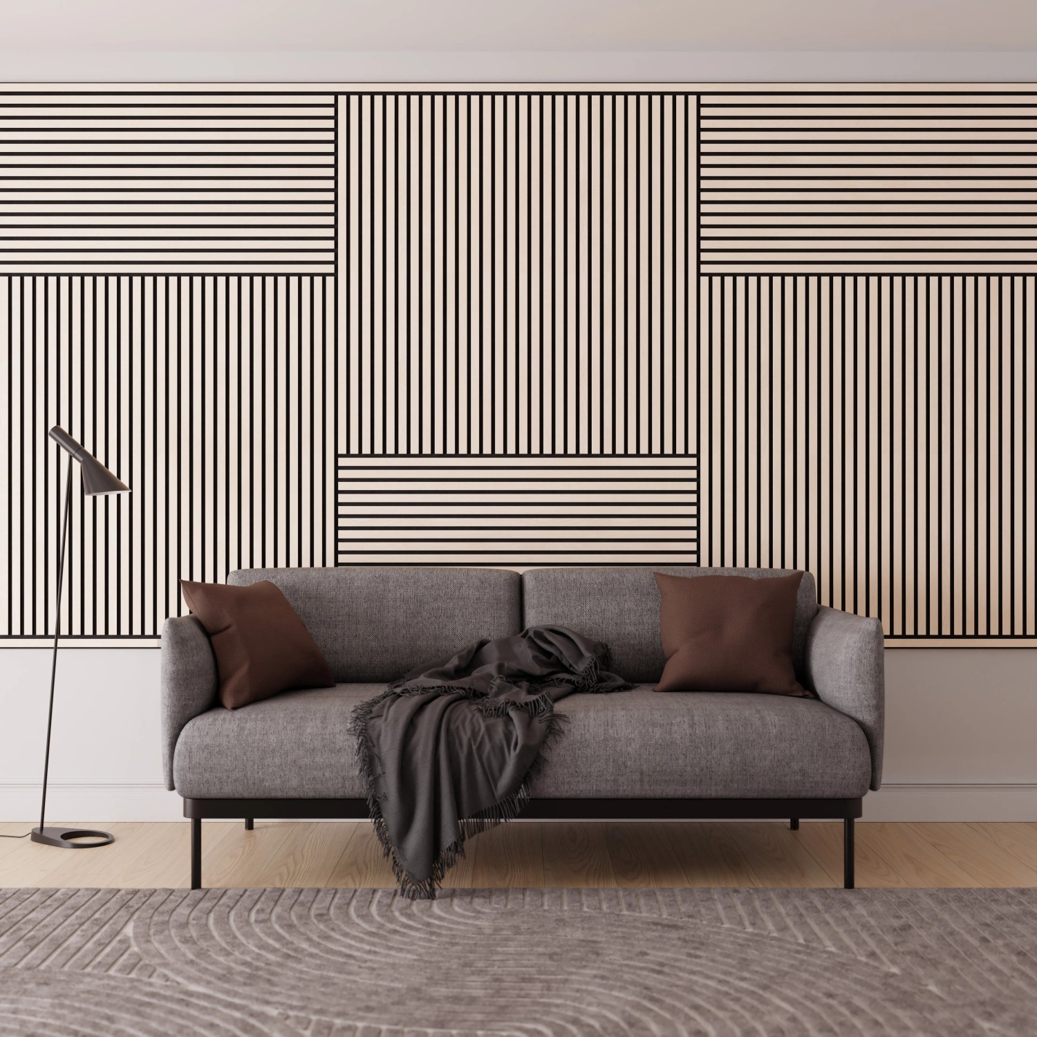 Wohnraum mit Akustikpaneel Esche/Schwarz, 60x120cm, 2 Stk. an der Wand hinter einem Sofa.