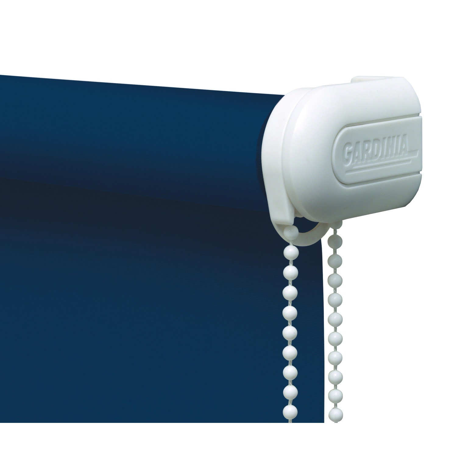 Gardinia Verdunkelungsrollo, dunkelblau, mit Seitenzug und weißer Halterung.