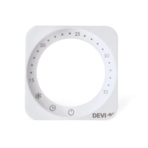Weißer DEVIreg Basic Timer-Thermostat für Fußbodenheizung mit Temperaturanzeige 15-35°C und Bediensymbolen.