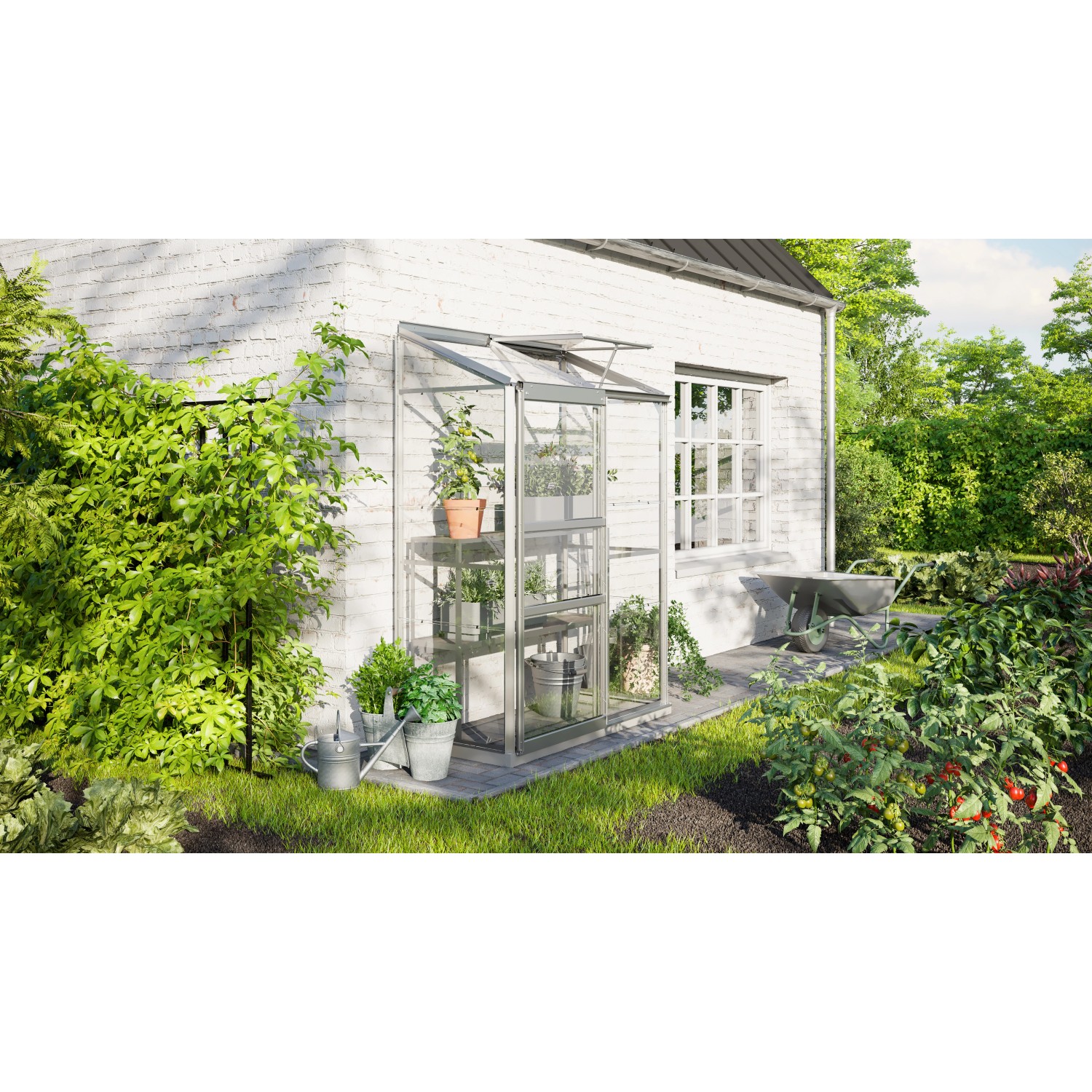 Vitavia Anlehngewächshaus Ida 900 aus Aluminium mit Pflanzen an Hauswand.