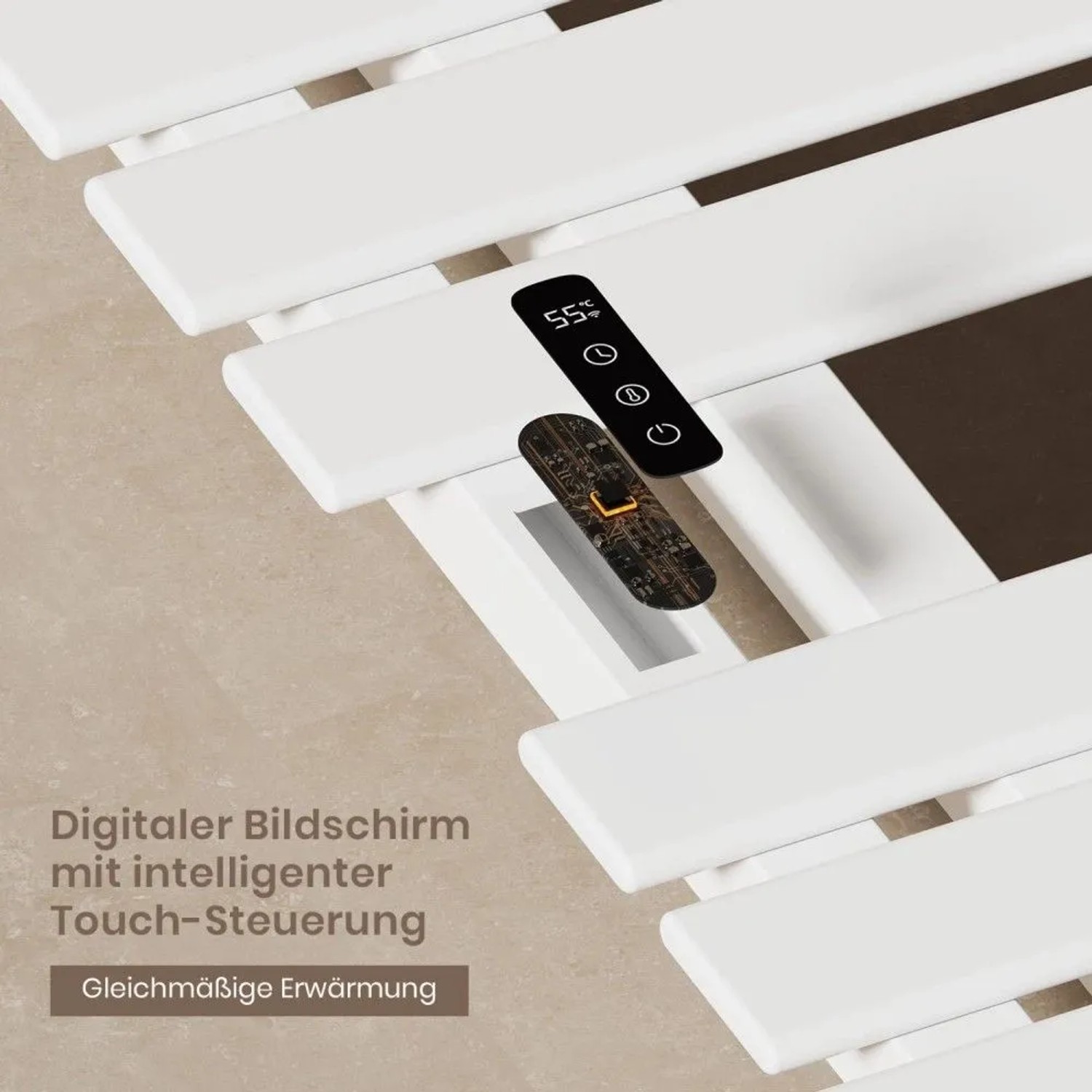 Weißer Emke Handtuchhalter: LED Touch Display zeigt 55°C. Intelligente Steuerung für elektrischen Flachbadheizkörper.