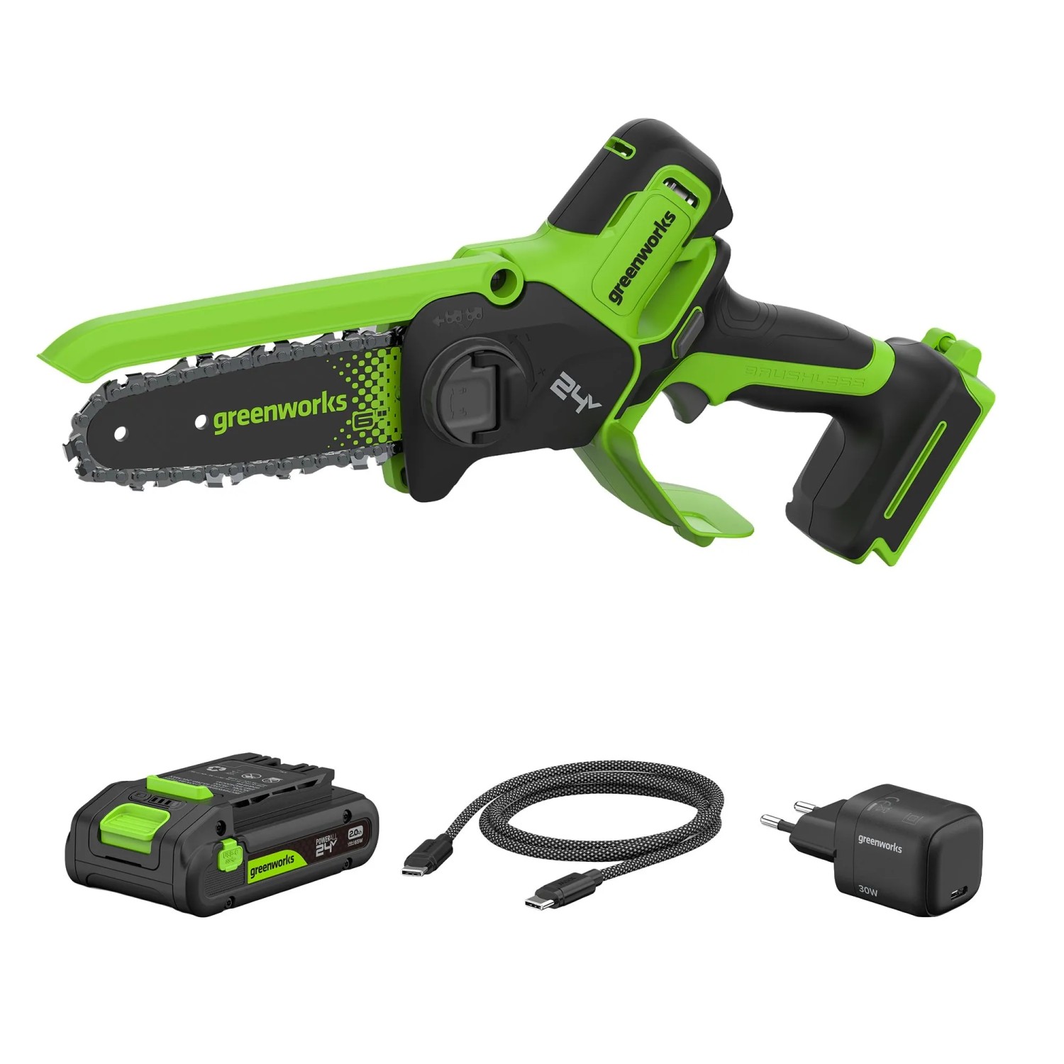 Greenworks Akku-Kettensäge-Set CS1522GA2 mit 15 cm Schwert, Akku und Ladegerät.