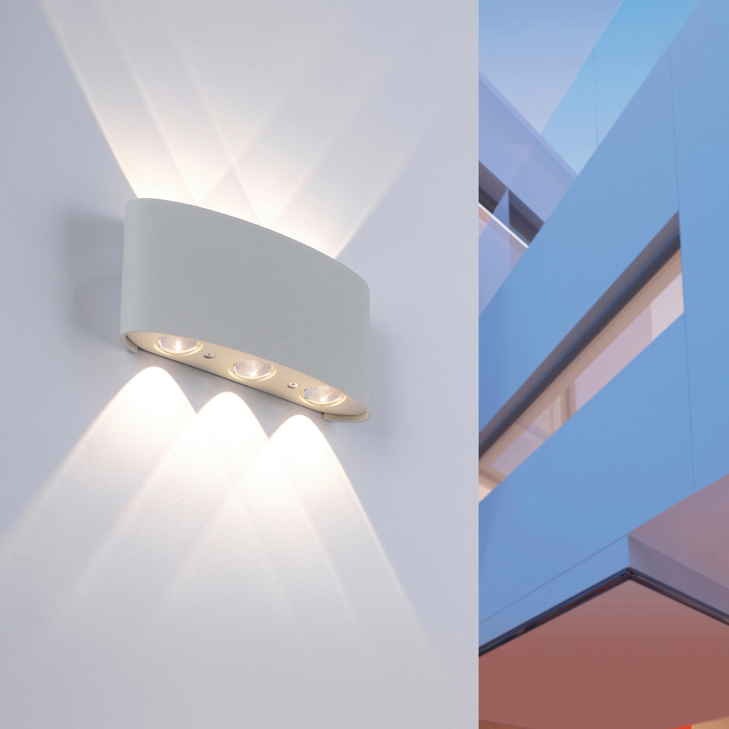 Moderne, silberne LED-Wandleuchte Carlo von Paul Neuhaus, 17x4 cm, mit Lichtkegeln nach oben und unten.