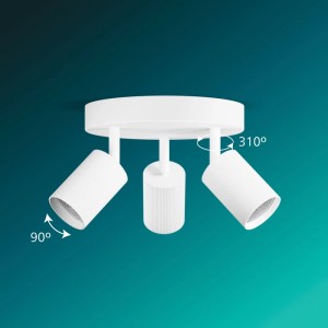 Weißer, runder Philips LED-Spot Wyatt mit 3 schwenkbaren Köpfen für flexible Wand- & Deckenmontage.