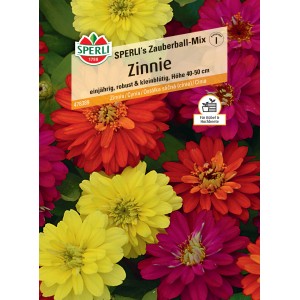 Samenpackung Sperli Zinnie Zauberball-Mix mit bunten Zinnienblüten in Gelb, Rot und Pink.