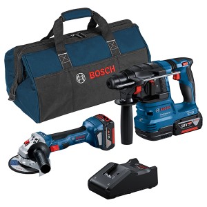 Bosch Professional Akku-Kombi-Kit: Winkelschleifer, Bohrhammer, Akkus, Ladegerät und Tasche.