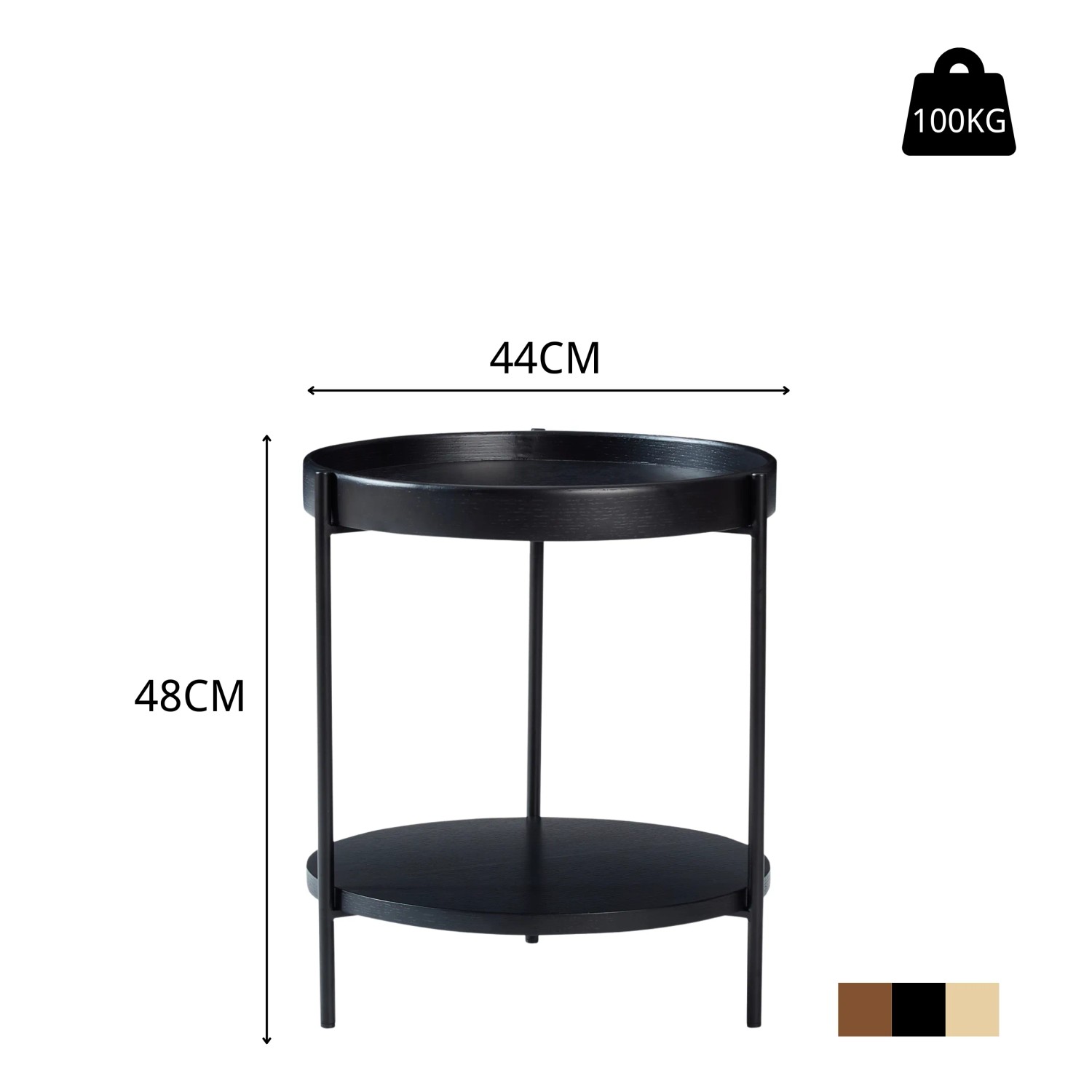 okwish Couchtisch mit Massivholz Metall Wohnzimmer 2-stöckig Rundtisch 44x44x48cm Schwarz_5