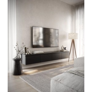 Schwarzes Selsey Bemmi TV-Hängeboard 200 cm mit matter Oberfläche, schwebend montiert. Moderner TV-Schrank.