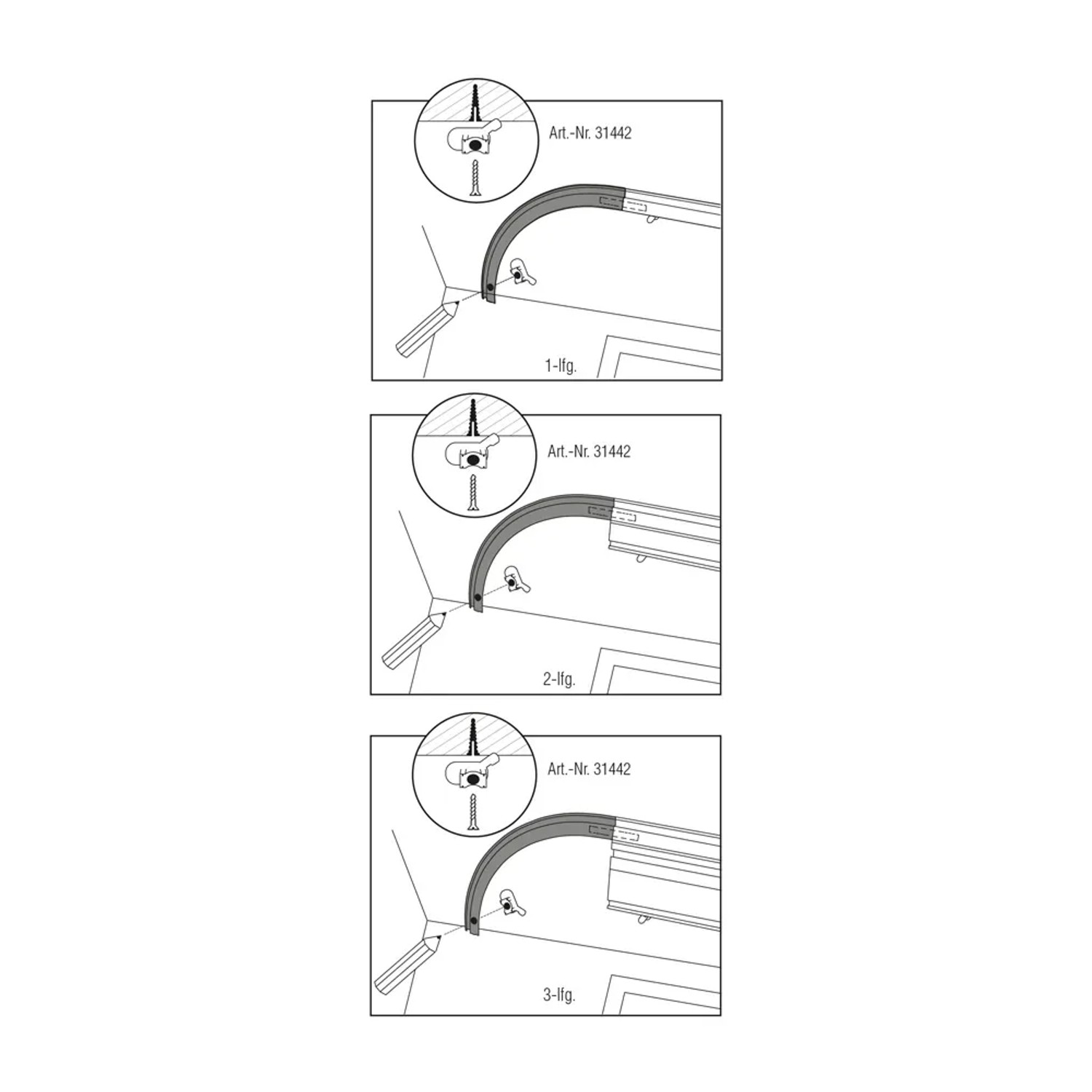 Skizze: Gardinia Rundbogen links, weiße Vorhangschiene (1-läufig) Montage mit Schrauben.