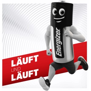 Energizer 9V Batterie als Comicfigur beim Laufen, langlebig für Geräte.