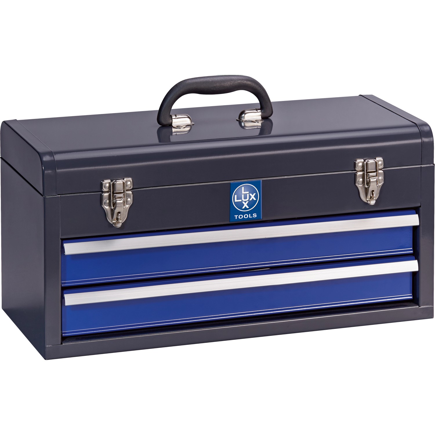 Grauer LUX Werkzeugkoffer Comfort, 71-teilig, mit Tragegriff und zwei blauen Schubladen.
