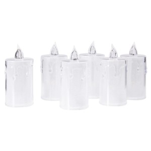 Sechs transparente LED-Kerzen mit warmweißem Licht und Tropfeneffekt, ideal für Weihnachtsdekoration.