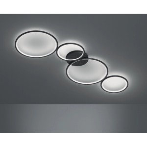 Moderne, dimmbare LED-Deckenleuchte Rondo in Schwarz matt mit vier Ringen.