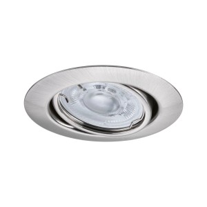 Paulmann LED Einbaustrahler Base, rund, aus gebürstetem Eisen, schwenkbar und dimmbar, warmweißes Licht.