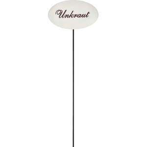 Emailleweißer Kräuterstecker "Unkraut" aus Metall, 30 cm hoch, für Beet und Pflanzkübel.