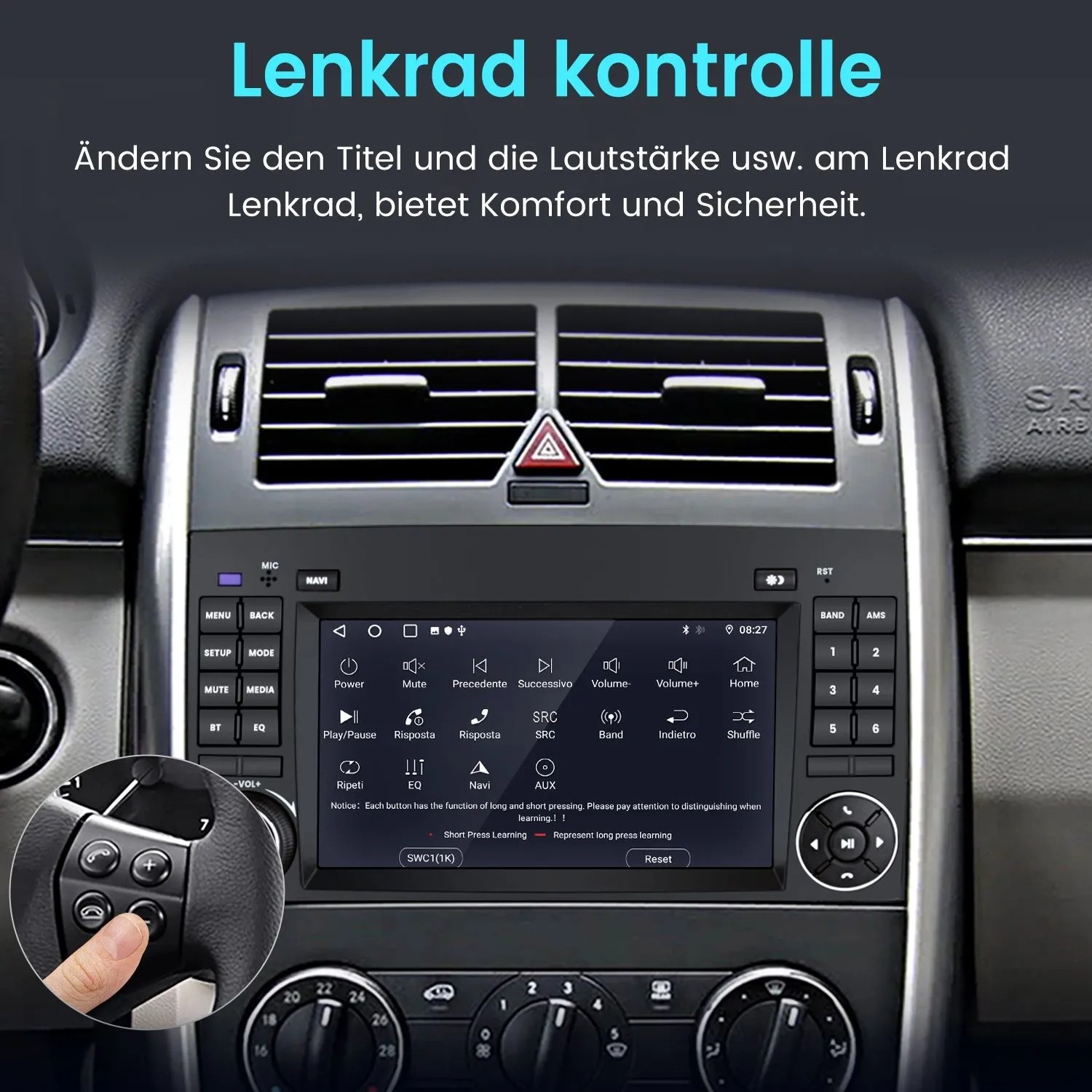 Junsun Autoradio im Mercedes-Benz Dashboard, zeigt Touchscreen und Hand bei Lenkradsteuerung. Autoelektrik, Android Radio.