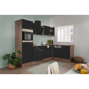 Respekta Winkelküche, 280 cm, Schwarz-Seidenglanz/Eiche York, mit E-Geräten und Spüle.