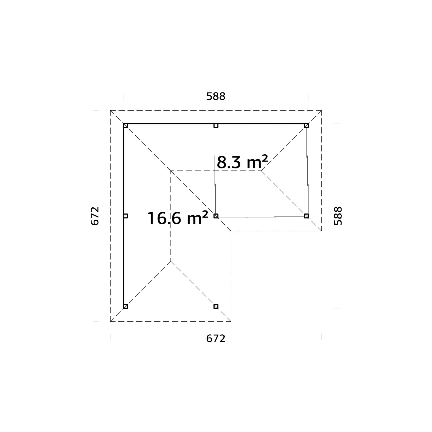 Grundriss Palmako Pavillon Bianca Set212 Slide, braun, 588x588cm, mit Flächenangaben.