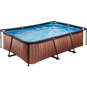 Rechteckiger EXIT Wood Pool in Braun mit Stahlrahmen und Filterpumpe, 220x150x65 cm.