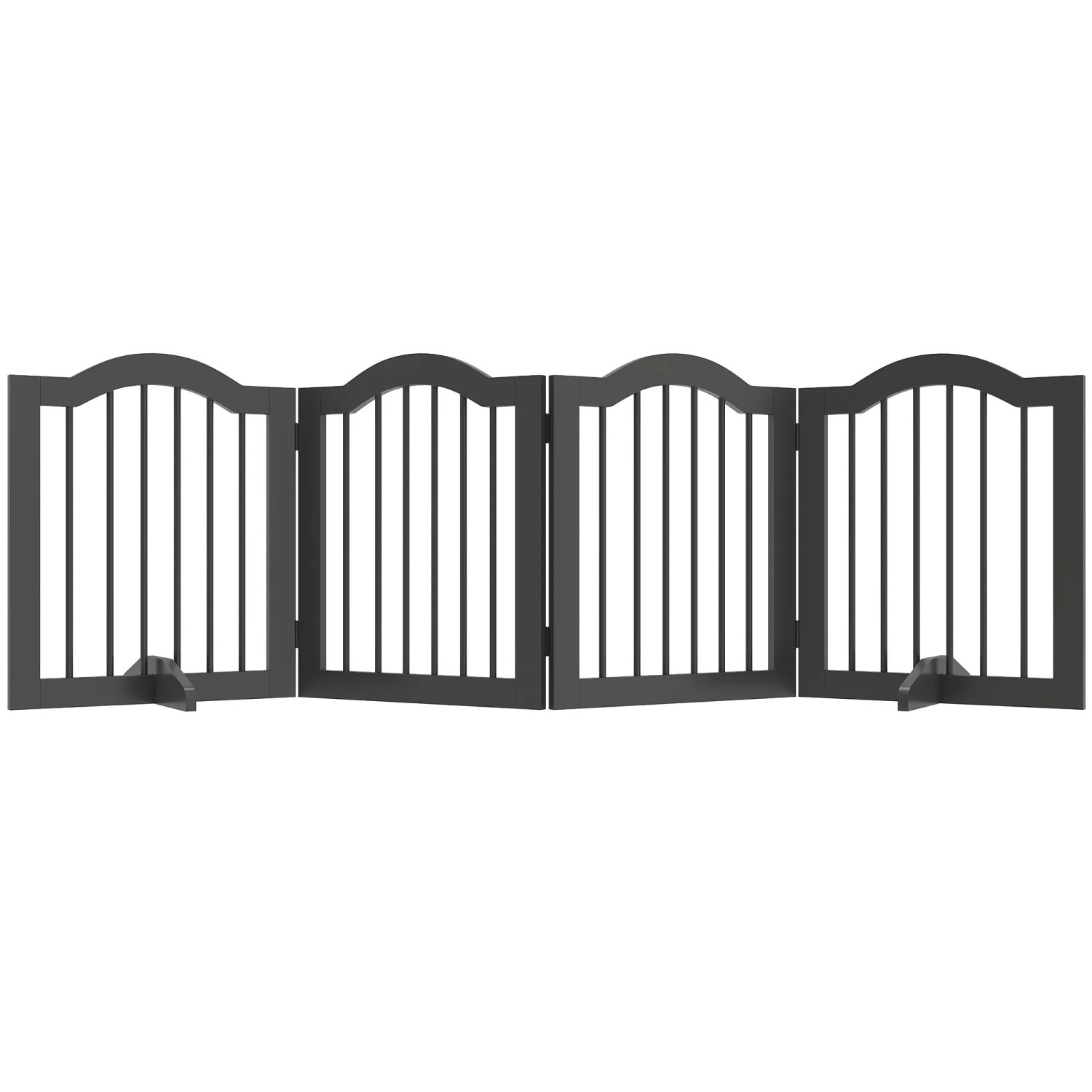 Schwarzes PawHut Hunde-Absperrgitter aus MDF mit 4 faltbaren Paneelen und Stützfüßen. Ideal für Türen und Treppen.