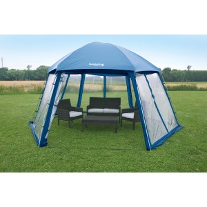 Blaues Steinbach Mega Pooldach 600x520x280 cm für Aufstellpools mit Sitzgruppe im Garten.