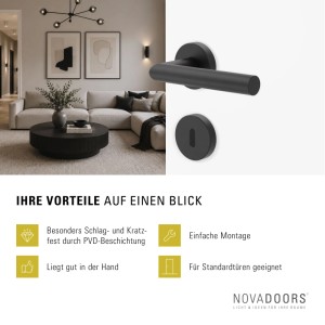 Moderne Novadoors Türgriffgarnitur 120 in mattem Schwarz, PVD-beschichtet, an weißer Tür. Ideal für Innentüren.