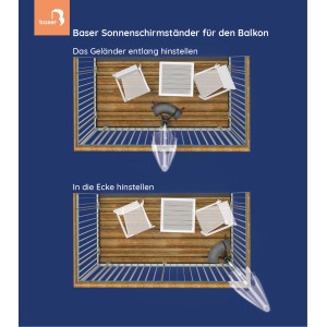 Baser Sonnenschirmständer für Balkon, dunkelbraun, flexible Aufstellung am Geländer oder in der Ecke.