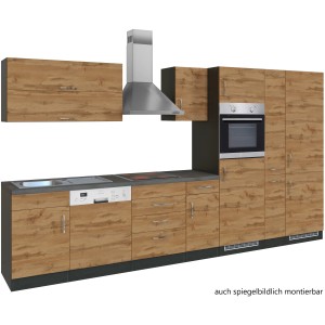 Moderne Küchenzeile Sorrento 360 cm in Wotaneiche-Grafit mit E-Geräten wie Herd, Ofen und Geschirrspüler.