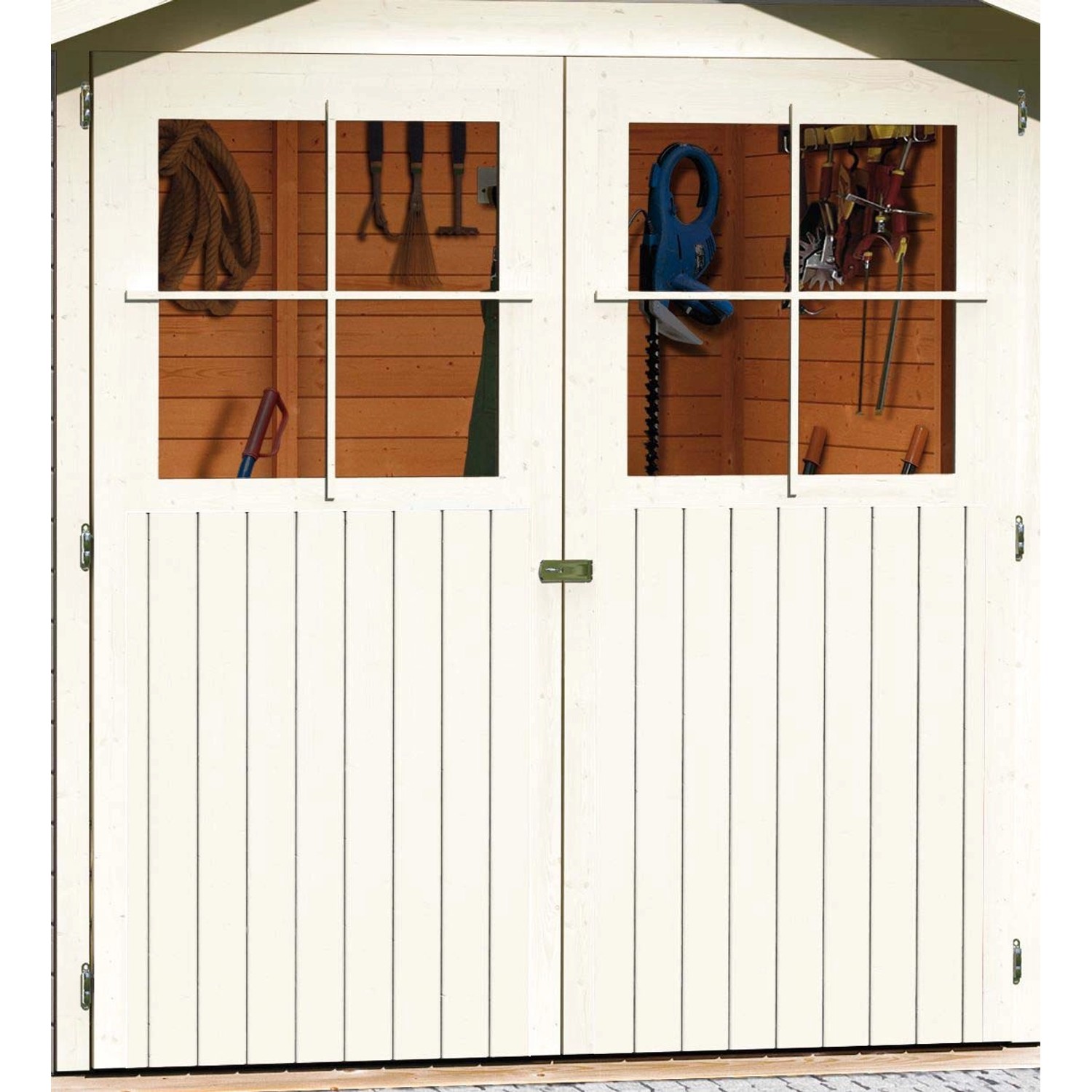 Detailansicht der Doppeltür vom Karibu Holz-Gartenhaus Egersund in Terragrau mit Pultdach.