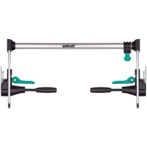 Wolfcraft Türfutter-Montageset Pro, 8-teilig, für den Einbau von Türrahmen. Spannwerkzeug mit silberner Strebe und schwarzen Elementen.