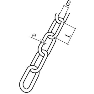 Zeichnung einer Schweißkette aus V4A-Stahl, Form C, mit Maßangaben zu Durchmesser und Länge.