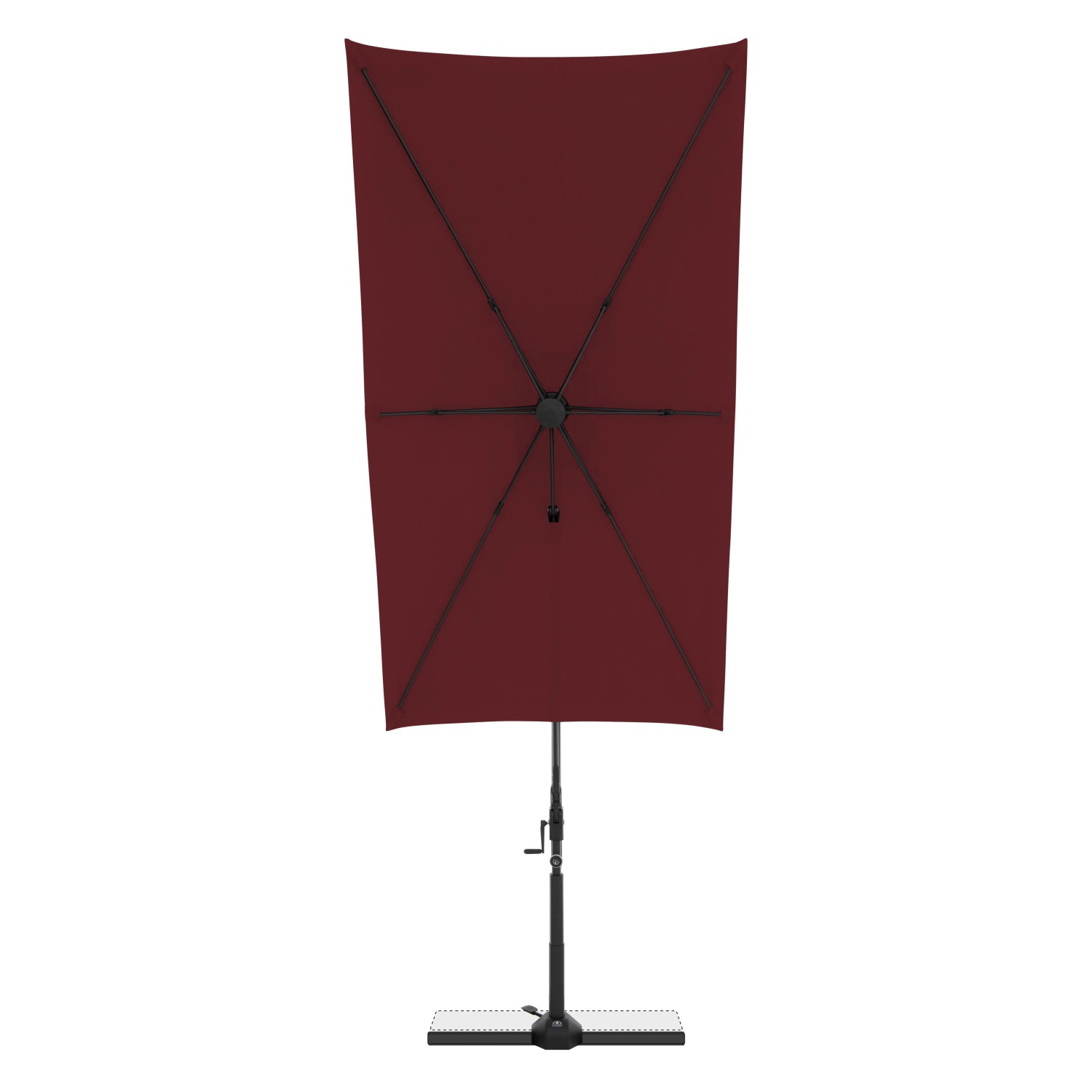 Rechteckiger, bordeauxroter Doppler Balkonschirm Active Green Edition mit Standfuß.