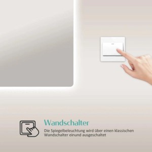 Hand betätigt weißen Wandschalter für den Emke Badspiegel mit Beleuchtung. LED-Spiegel 70x50 cm, einfache Steuerung.
