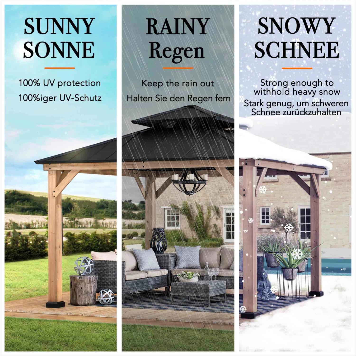 Sunjoy Gazebo Kaps aus Zedernholz in Anthrazit, geeignet für Sonne, Regen und Schnee.